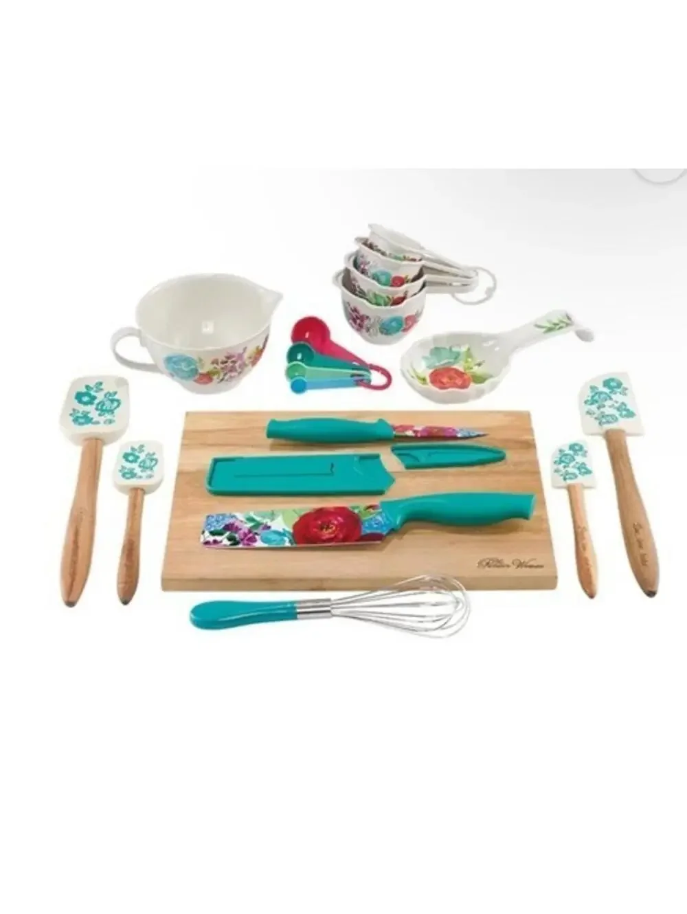 Pioneer Woman Clara 20 Pc Kitchen Gadget Set Wood Board + Utensils